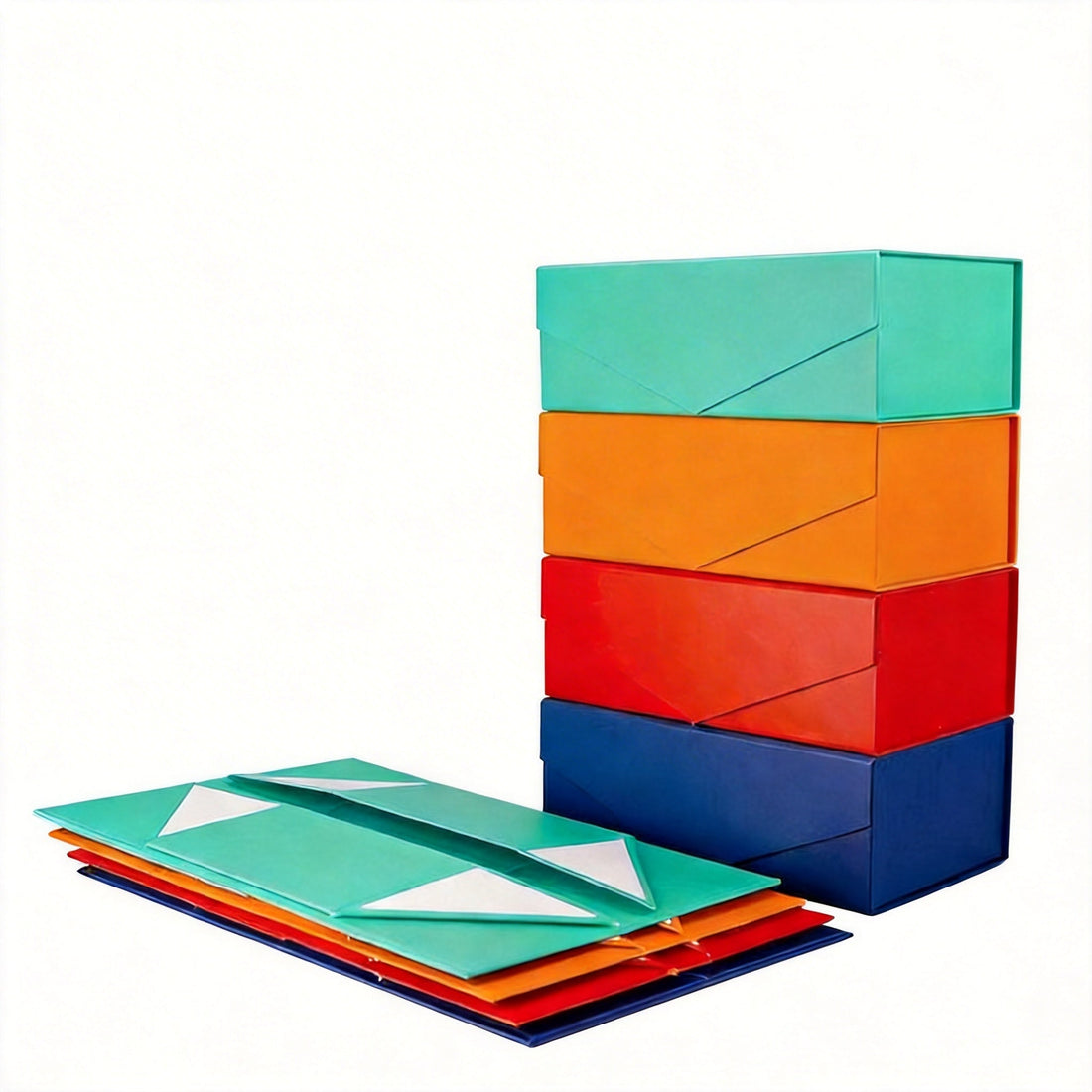 Foldable rigid gift boxes shown flat and assembled in multiple colors