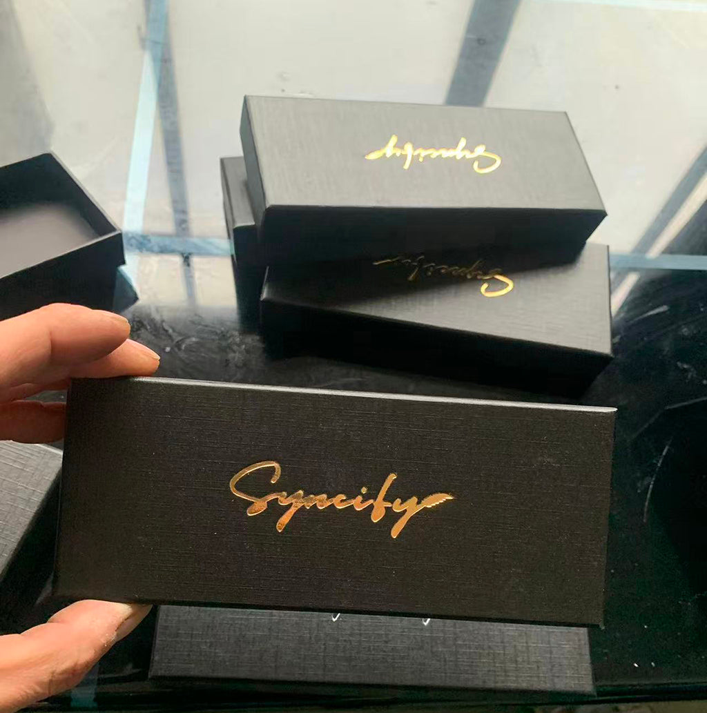 Luxury black pen case with two-piece lid and base construction