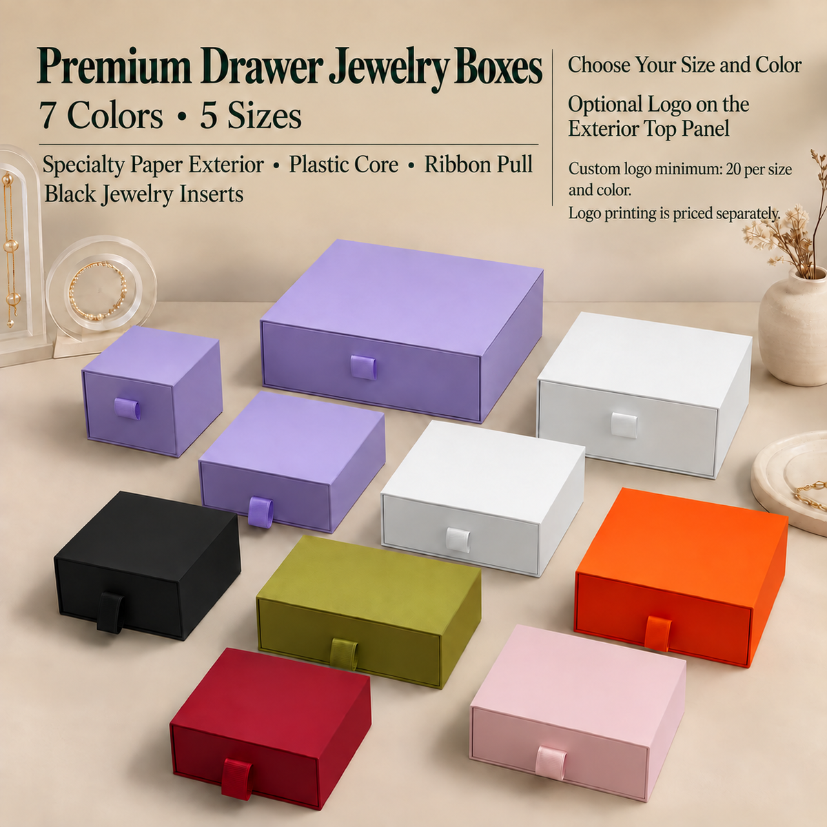 Paper drawer jewelry boxes in seven colors and five sizes with ribbon pull tabs