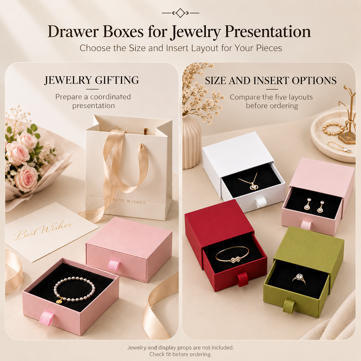 Drawer jewelry box presentation with rings, earrings and necklaces; jewelry is not included