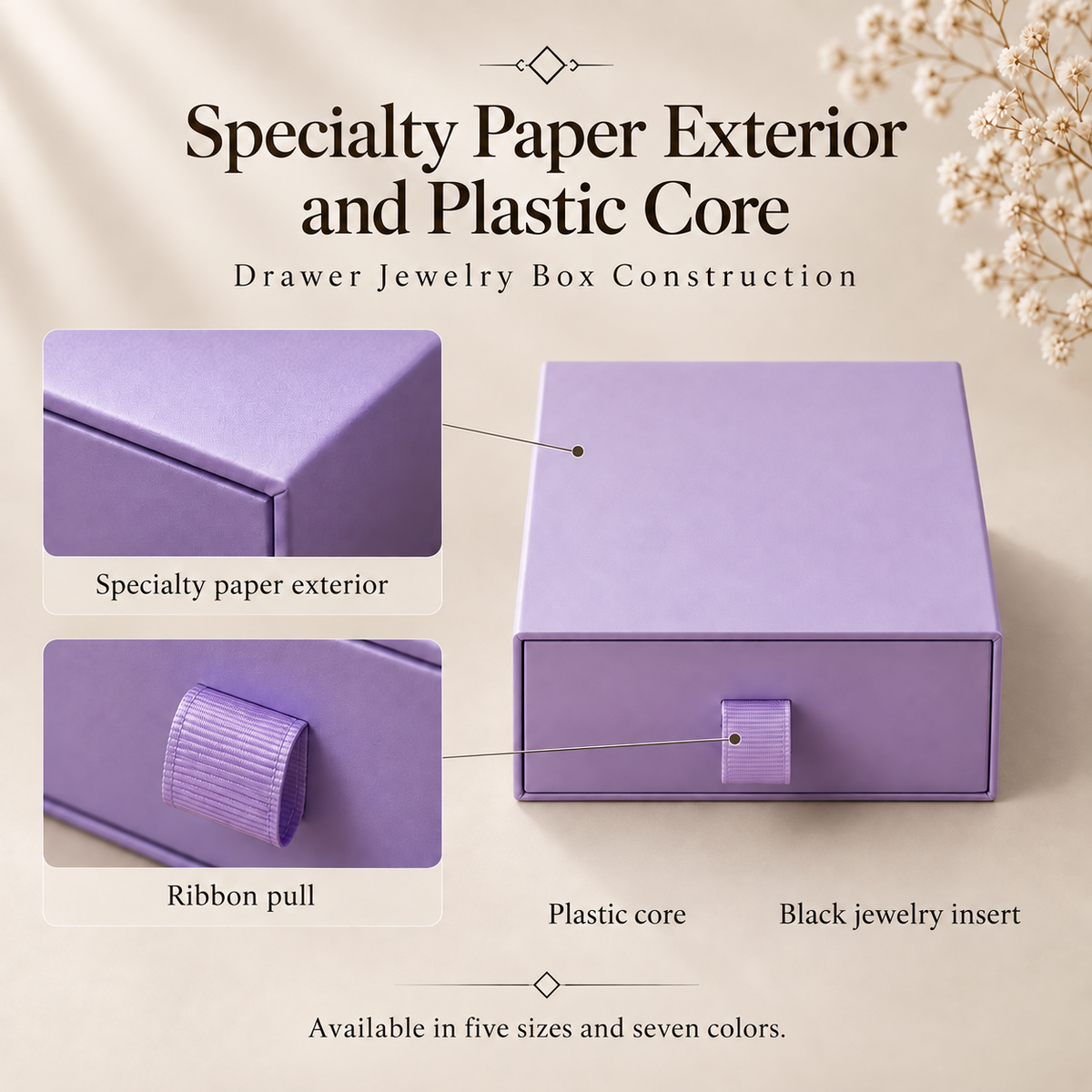 Purple drawer jewelry box showing specialty paper exterior, ribbon pull, plastic core and black insert