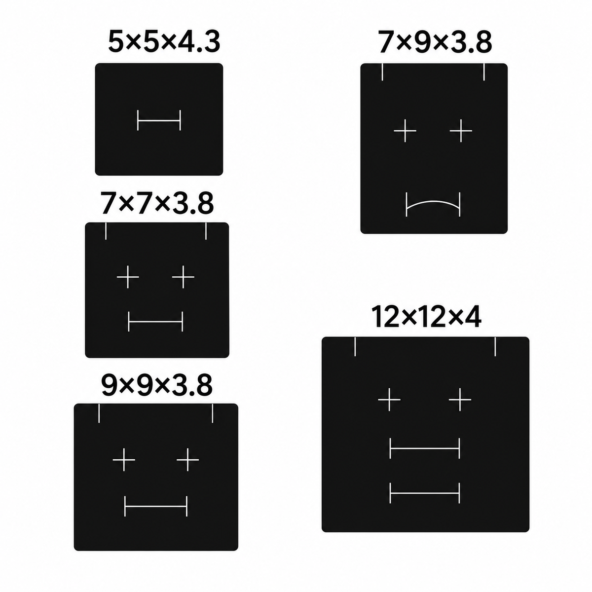 Black jewelry insert slot layouts compared across five paper drawer box sizes