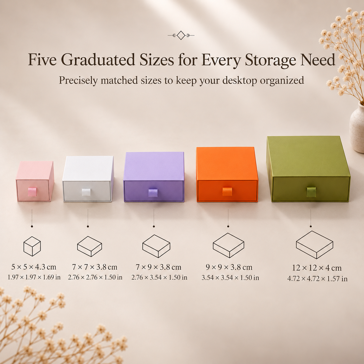 Five external paper drawer jewelry box sizes from 5 x 5 x 4.3 cm to 12 x 12 x 4 cm