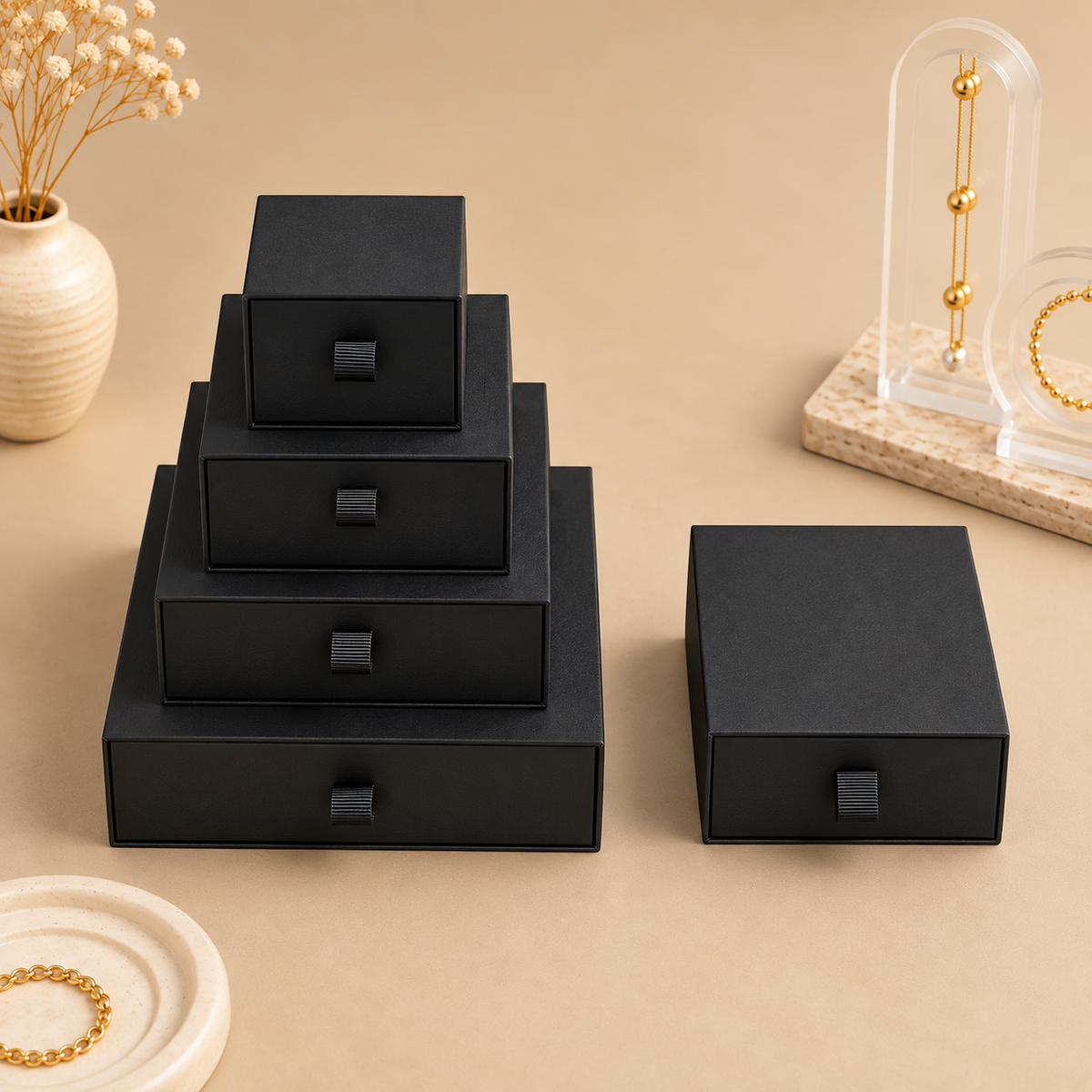 Black paper drawer jewelry boxes in five sizes with ribbon pull tabs