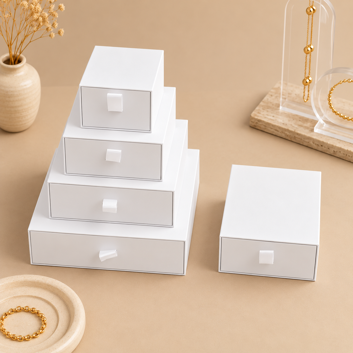 White paper drawer jewelry boxes in five sizes with ribbon pull tabs