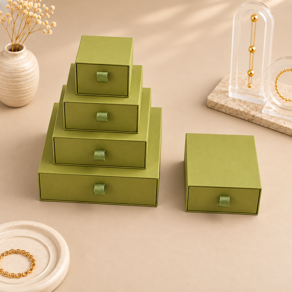 Grass green paper drawer jewelry boxes in five sizes with ribbon pull tabs