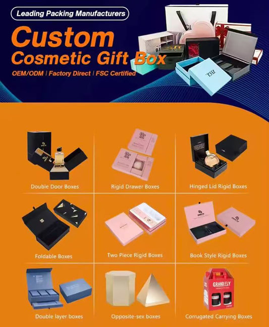 Custom cosmetic gift boxes in various styles including rigid drawer boxes and hinged lid boxes
