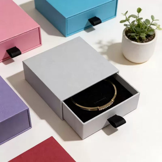 Premium drawer style gift box with ribbon pull and velvet insert for watch and jewelry packaging
