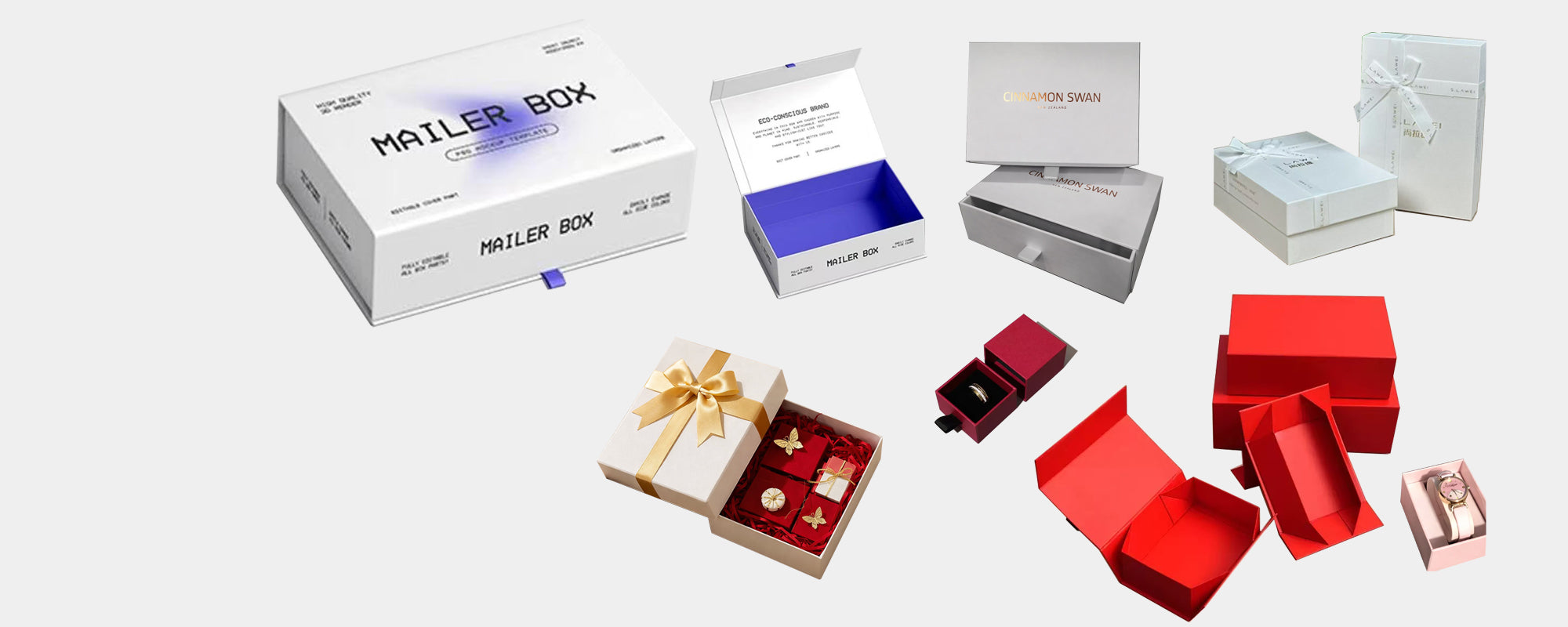 Premium custom rigid boxes collection with magnetic closure and drawer styles for luxury packaging