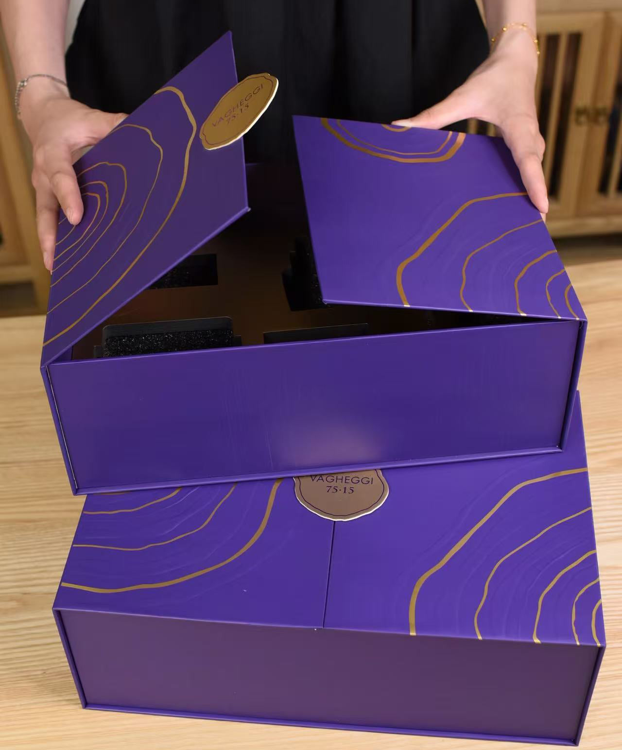 Double door gift box - purple luxury packaging with gold pattern and magnetic closure