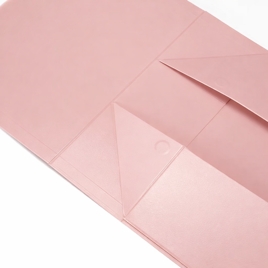 Flat fold gift box in assembled and flat states, efficient shipping and elegant presentation