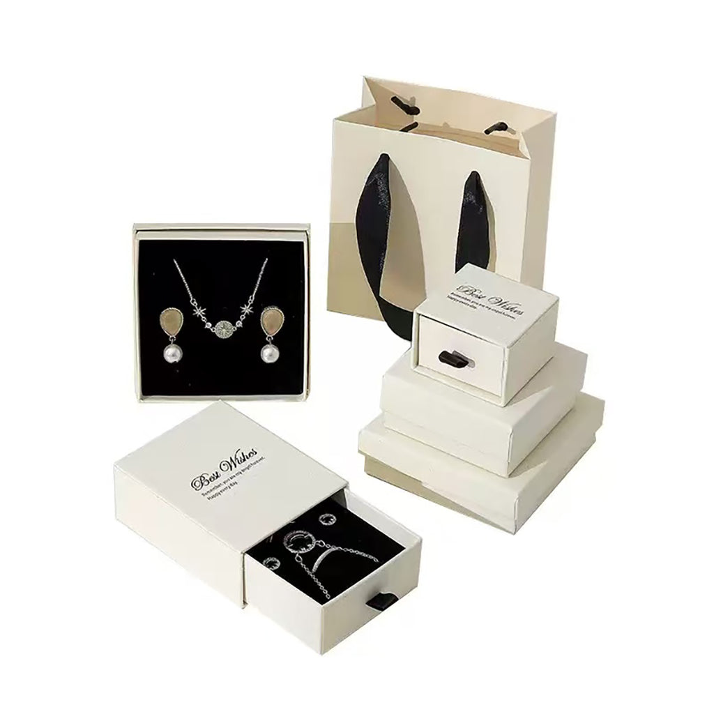Drawer style jewelry box with slide-out compartment for luxury packaging