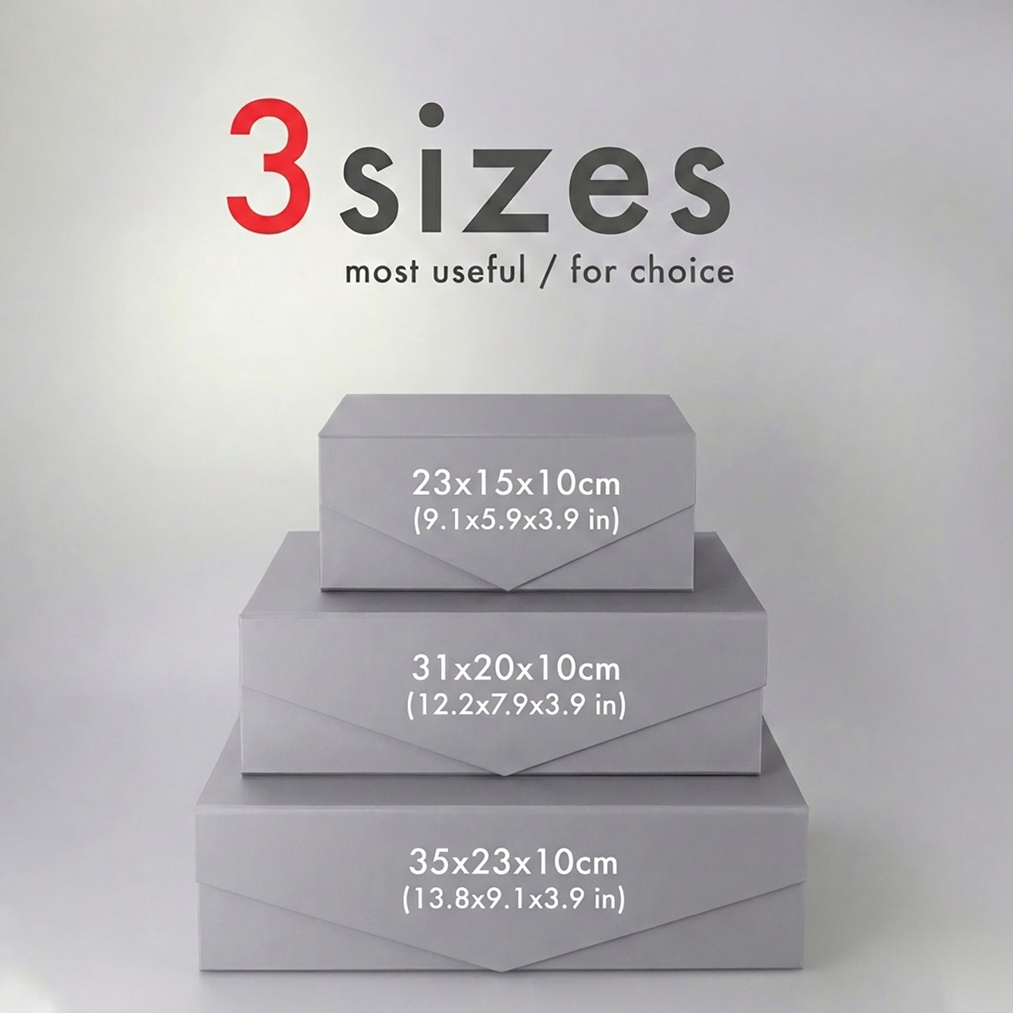 Folding gift box size comparison showing small medium large options
